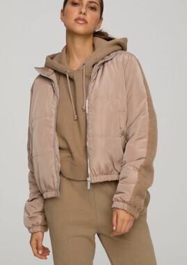 Good American Tan Two Tone Sherpa Jacket Large Zip Up Puffer Coat